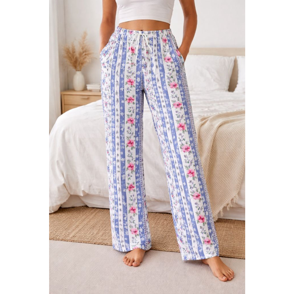 Women's SUN MODA White Blue Floral Striped Wide Leg Pants M